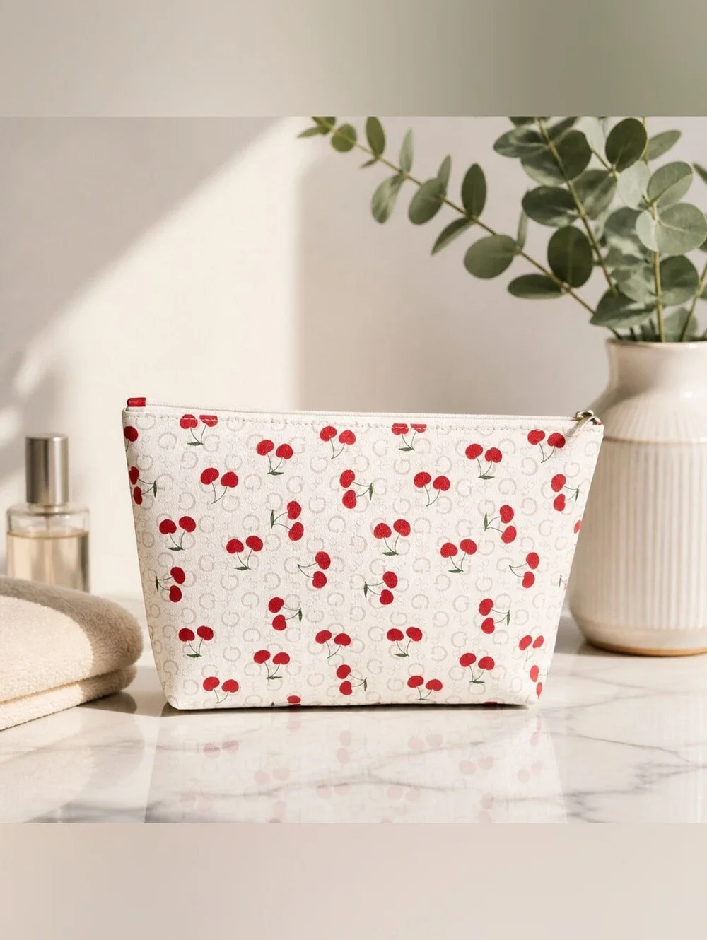 GUESS Cream & Red Cherry Print Cosmetic Makeup Bag